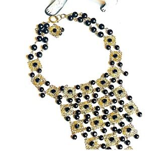 Handmade Brass Filigree Statement Bib Necklace with Black Beads